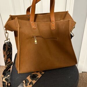 Brown Tote Bag with Leopard Strap